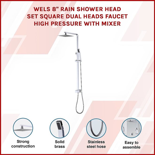 WELS 8″ Rain Shower Head Set Square Dual Heads Faucet High Pressure With Mixer. – Chrome