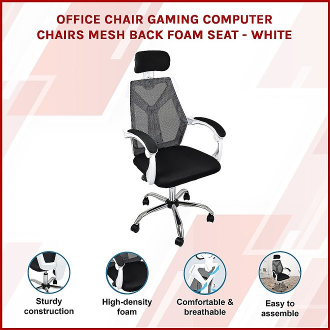 Office Chair Gaming Computer Chairs Mesh Back Foam Seat – White