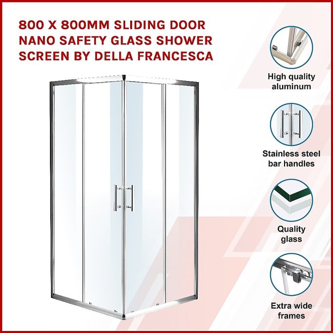 Sliding Door Nano Safety Glass Shower Screen By Della Francesca – 800 x 800 mm, Chrome