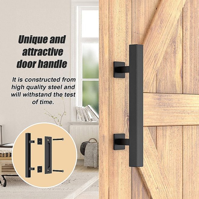 12″ Square Pull and Flush Door Handle Set Barn Door Hardware – Black