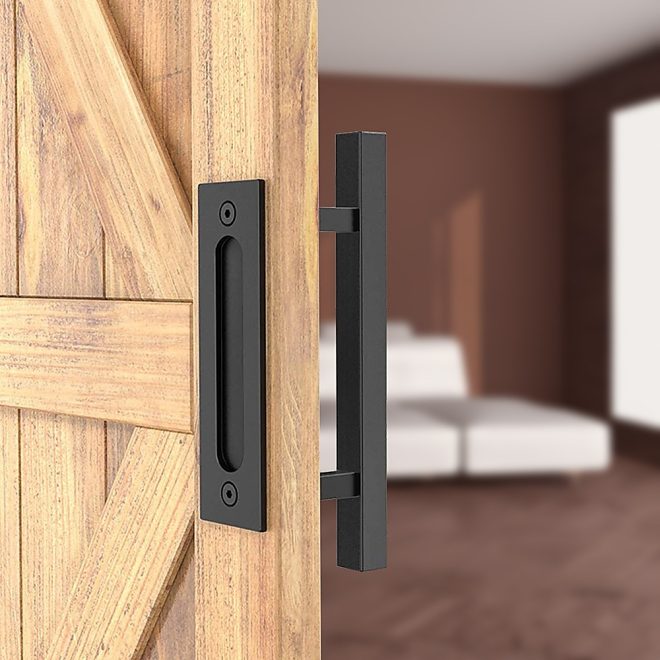 12″ Square Pull and Flush Door Handle Set Barn Door Hardware – Black