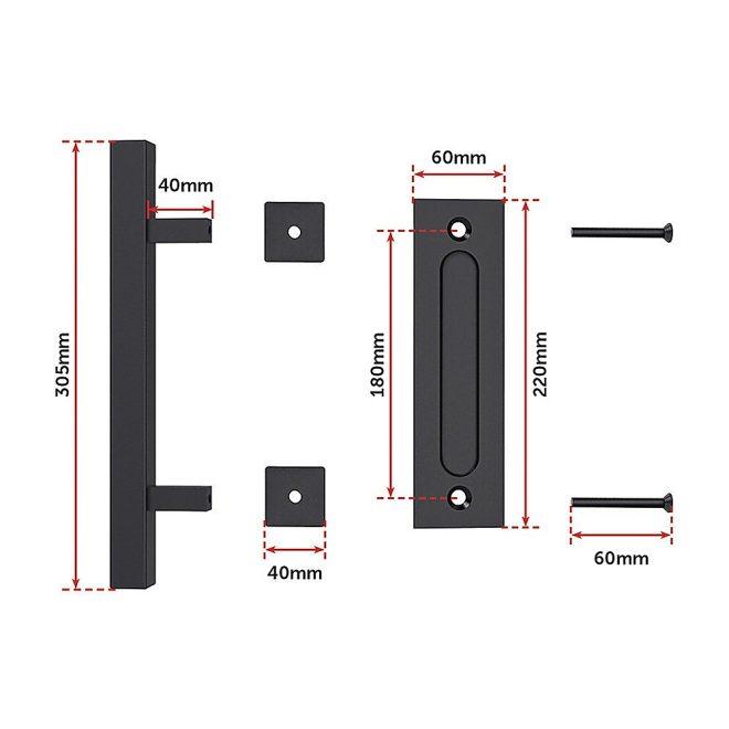 12″ Square Pull and Flush Door Handle Set Barn Door Hardware – Black