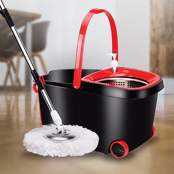 Spin Rotating Mop and Bucket Set with Wheels and 4 Microfibre Mop Heads