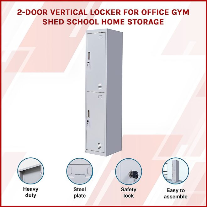 2-Door Vertical Locker for Office Gym Shed School Home Storage – Grey, Standard Lock