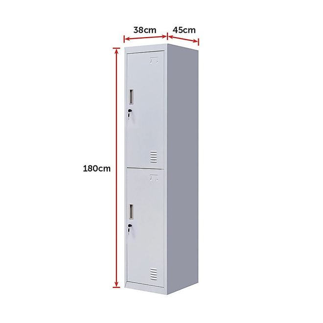 2-Door Vertical Locker for Office Gym Shed School Home Storage – Grey, Standard Lock