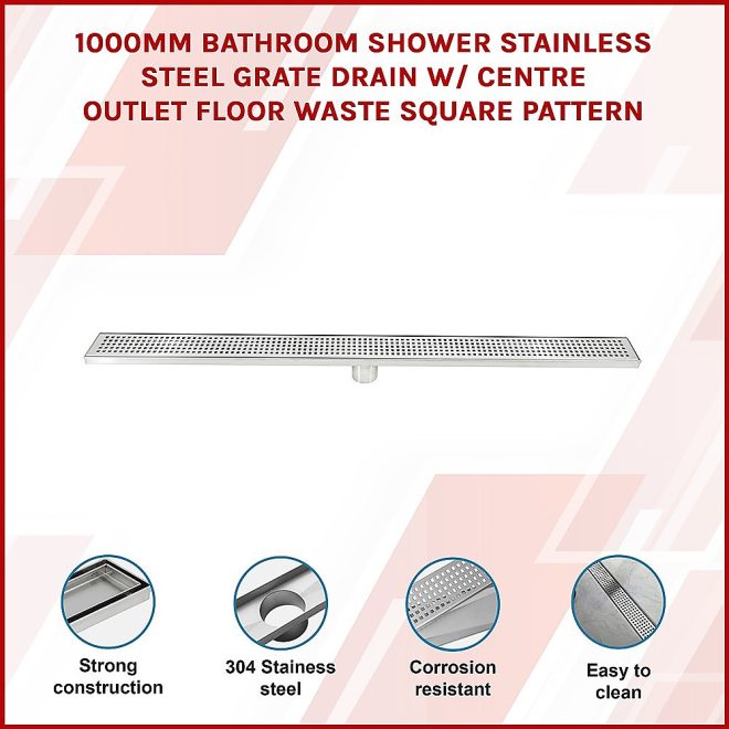 Bathroom Shower Grate Drain w/Centre outlet Floor Waste – 1000 x 70 x 20 mm, Silver