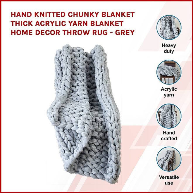 Hand Knitted Chunky Blanket Thick Acrylic Yarn Blanket Home Decor Throw Rug – Grey