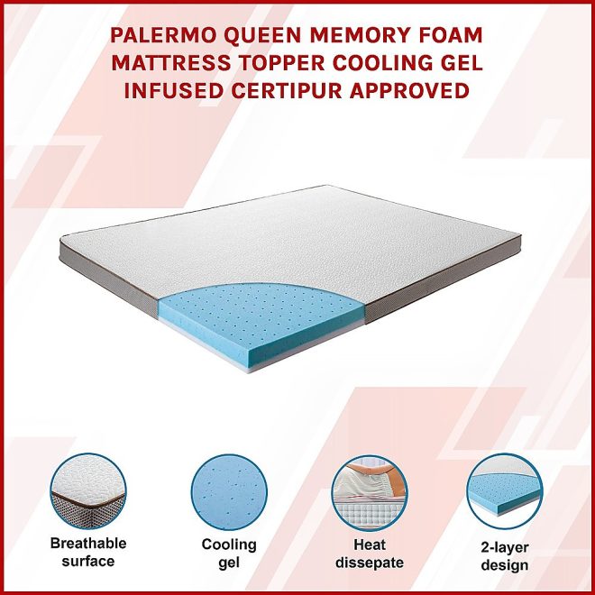 Palermo Memory Foam Mattress Topper Cooling Gel Infused CertiPUR Approved – QUEEN