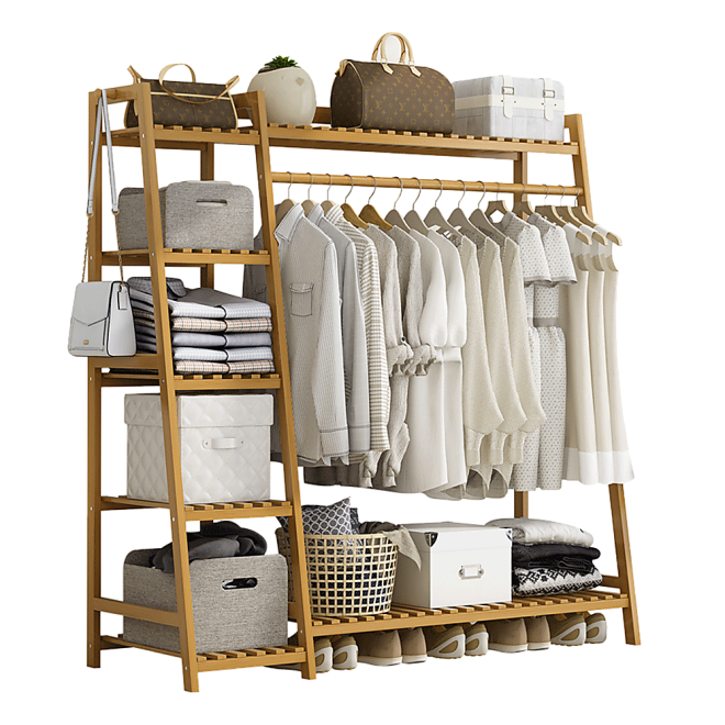 Portable Clothes Rack Coat Garment Stand Bamboo Rail Hanger Airer Closet