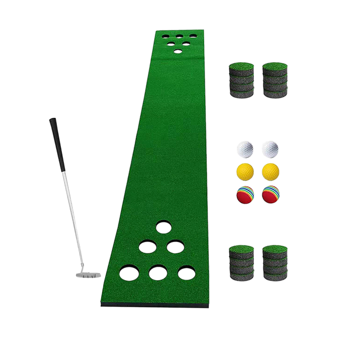 Golf Beer Pong Game Toy Set Green Golf Putting Matt with 2 Putters, 6 Balls