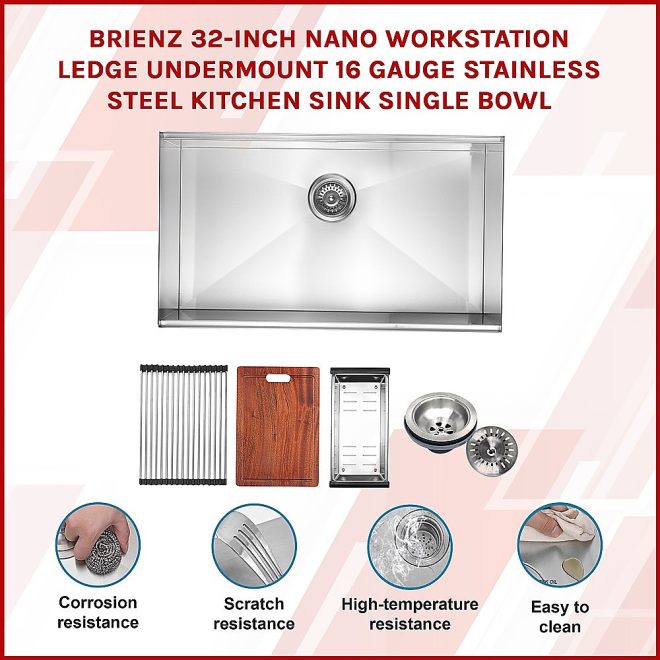 BRIENZ 32-inch Nano Workstation Ledge Undermount 16 Gauge Stainless Steel Kitchen Sink Single Bowl – Silver