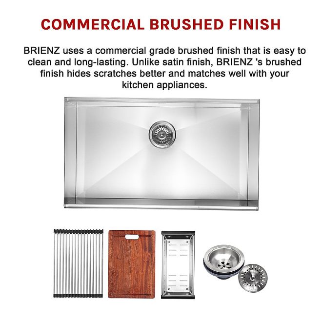 BRIENZ 32-inch Nano Workstation Ledge Undermount 16 Gauge Stainless Steel Kitchen Sink Single Bowl – Silver