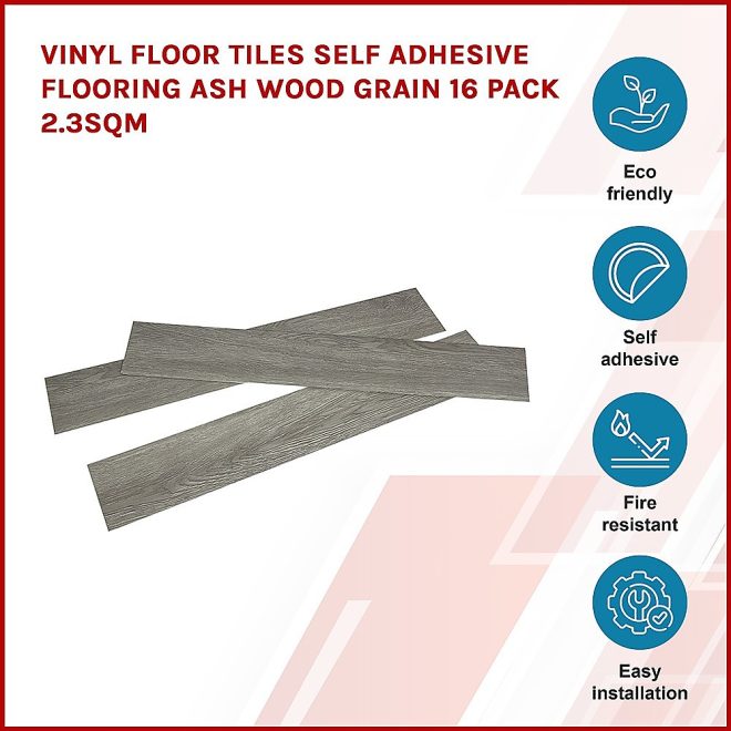 Vinyl Floor Tiles Self Adhesive Flooring Wood Grain 16 Pack 2.3SQM – Ash