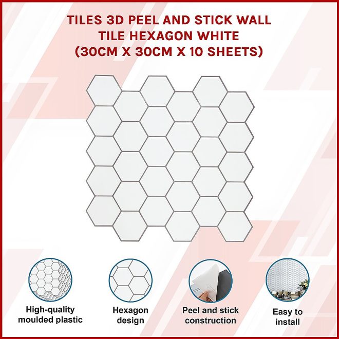 Tiles 3D Peel and Stick Wall Tile 10 sheets – 300 x 300 mm, Hexagon White