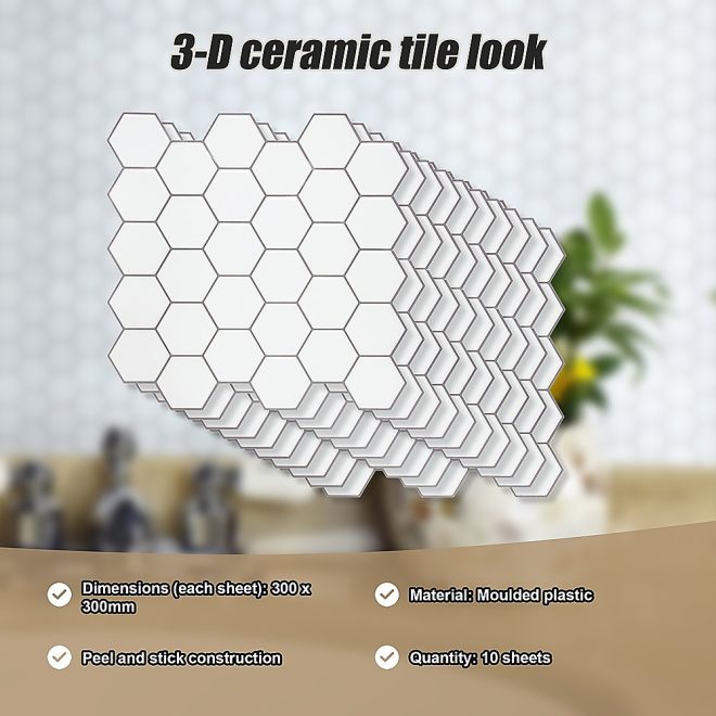 Tiles 3D Peel and Stick Wall Tile 10 sheets – 300 x 300 mm, Hexagon White