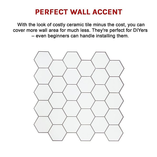 Tiles 3D Peel and Stick Wall Tile 10 sheets – 300 x 300 mm, Hexagon White