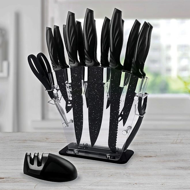 Kitchen 17 Pc Knife Set w/ Block & Sharpener Chef Bread Steak Knives