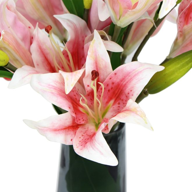 Premium Faux Lily In Glass Vase (Artificial Tiger Lily Arrangement) – Pink and White and Green