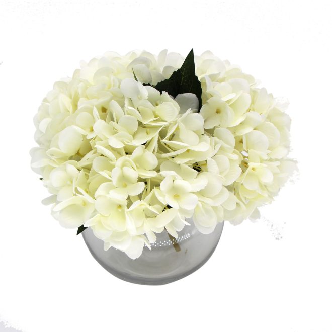 Premium Faux Hydrangea With Glass Vase (Artificial Flowering Hydrangea) 23cm – Green and White