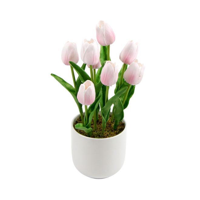 Flowering Artificial Tulip Plant Arrangement With Ceramic Bowl 35cm – Pink