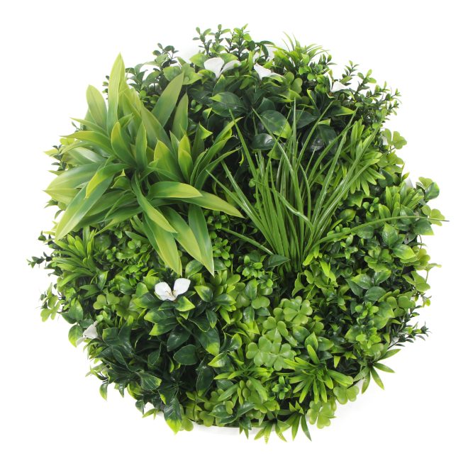 Flowering White Artificial Green Wall Disc UV Resistant – 75 cm, White Frame