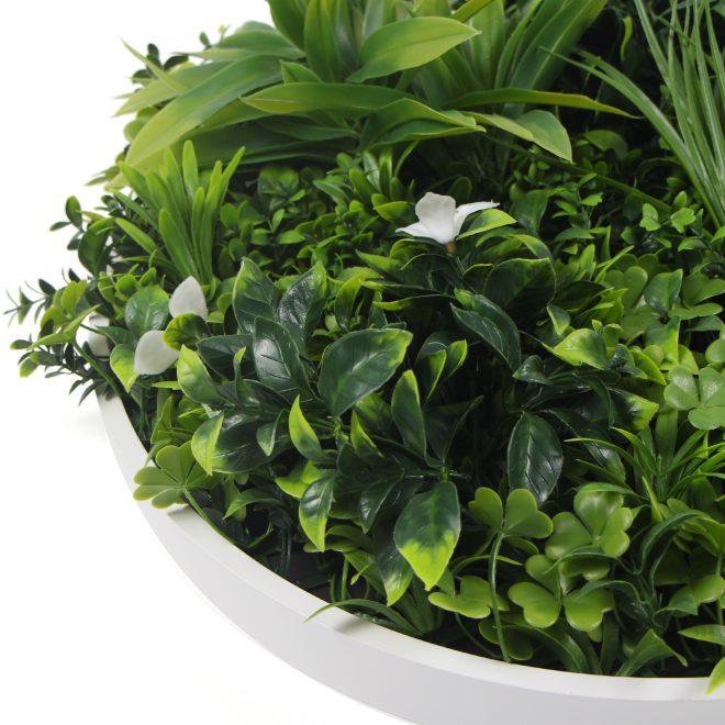 Flowering White Artificial Green Wall Disc UV Resistant – 75 cm, White Frame