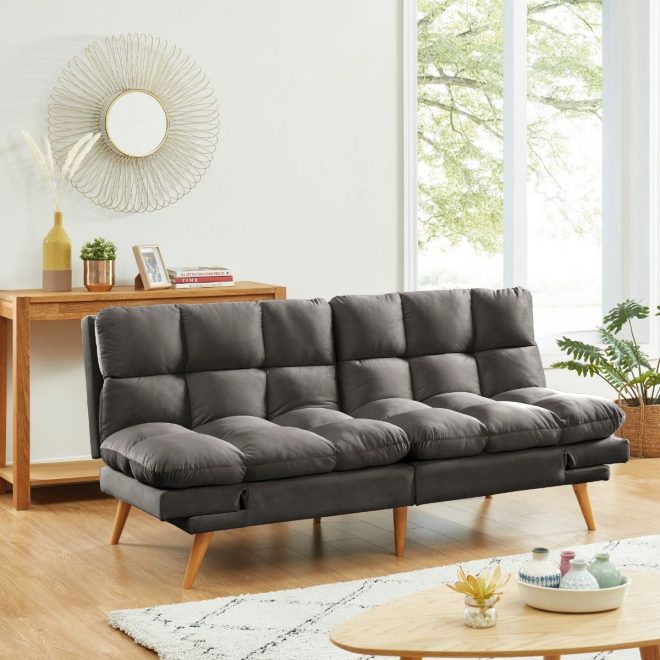 Alexa 3 Seater Velvet Sofa Bed Futon – Charcoal