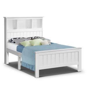 Bed Frame King Single Size Wooden with 3 Shelves Bed Head White