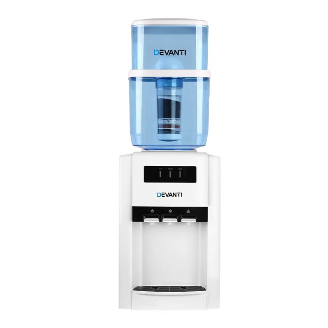 22L Bench Top Water Cooler Dispenser Purifier Hot Cold Three Tap – White, 3 Taps + Water Container