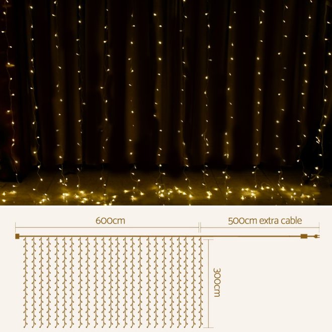 Jingle Jollys 6X3M Christmas Curtain Lights 600LED – Warm White