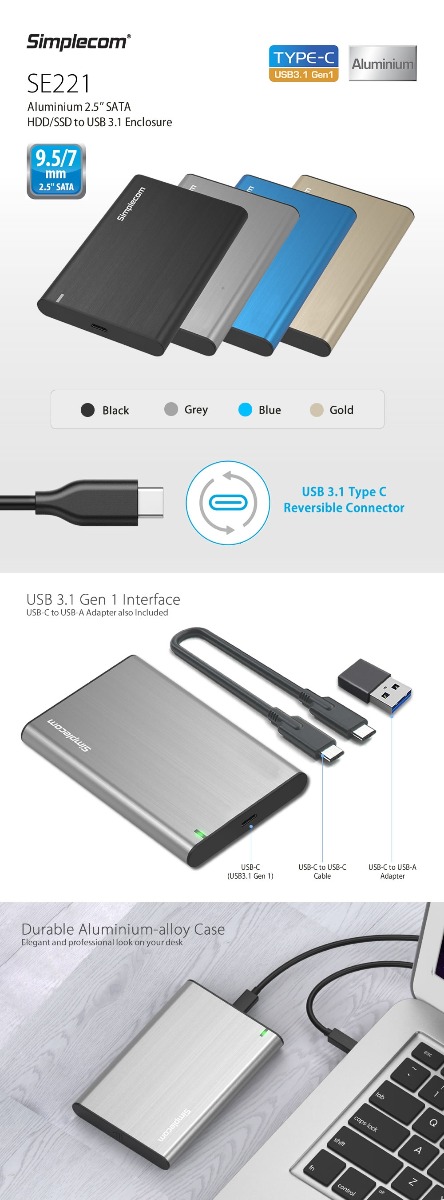 Simplecom SE221 Aluminium 2.5” SATA HDD/SSD to USB 3.1 Enclosure – Gold