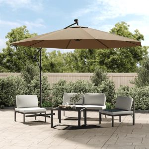 Hanging Parasol with LED Lighting Metal Pole – 350 cm, Taupe