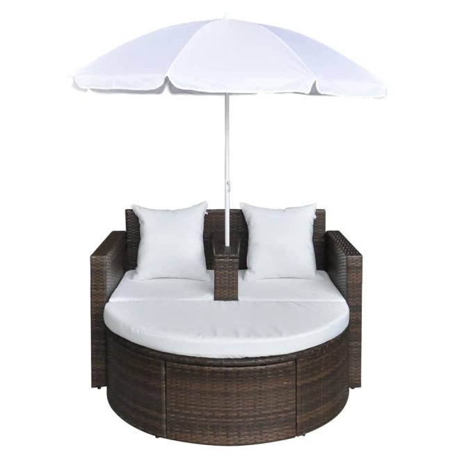 Garden Bed with Parasol Poly Rattan – Brown