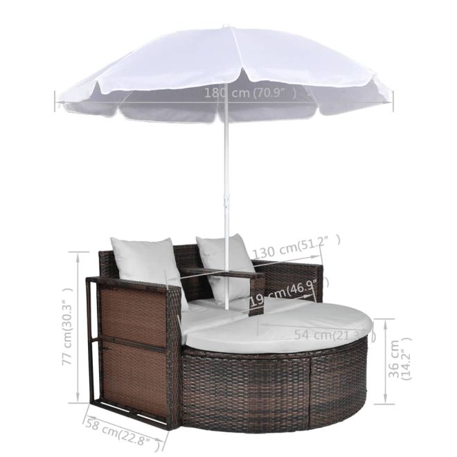 Garden Bed with Parasol Poly Rattan – Brown