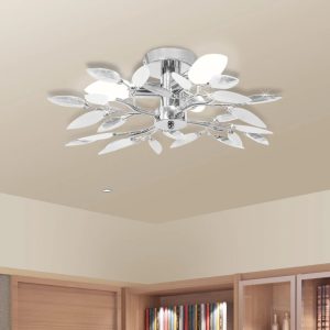 Ceiling Lamp Acrylic Crystal Leaf Arms 3 E14 Bulbs – 45×15 cm, White