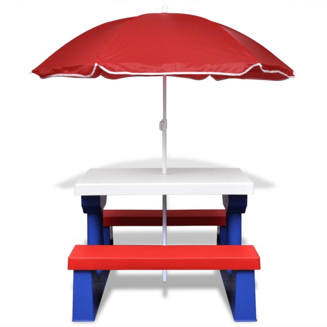 Kids’ Picnic Table with Benches and Parasol Multicolour