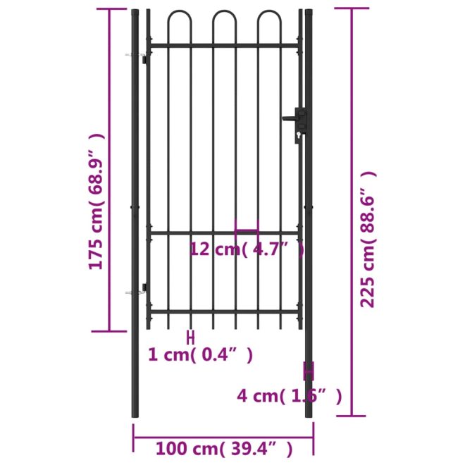 Fence Gate Single Door with Steel Black – 1×1.75 m, Arched Top