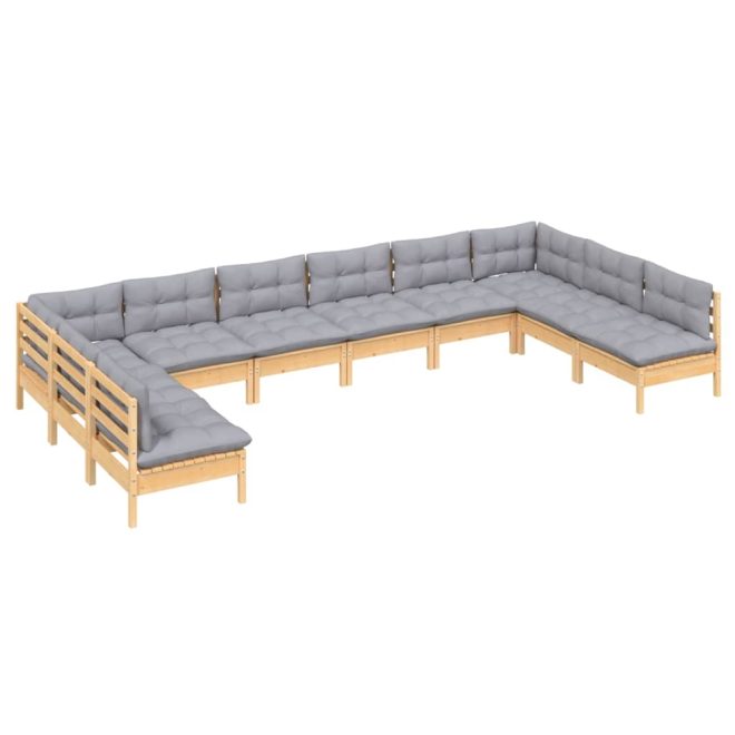 10 Piece Garden Lounge Set with Cushions Solid Pinewood – Brown and Grey