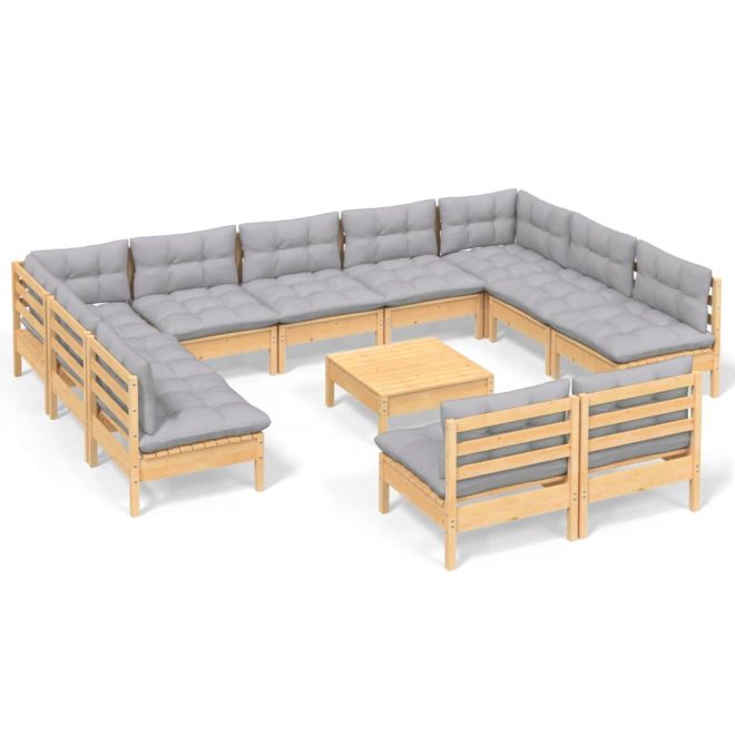 12 Piece Garden Lounge Set with Cushions Solid Pinewood – Brown and Grey