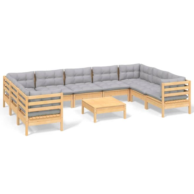 10 Piece Garden Lounge Set with Cushions Pinewood – Brown and Grey