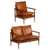 Vallejo 2 Piece Sofa Set Brown Real Leather and Solid Wood Acacia