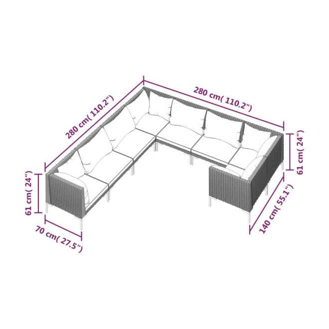 Garden Lounge Set with Cushions Poly Rattan Dark Grey – 4X Corner + 4X Middle