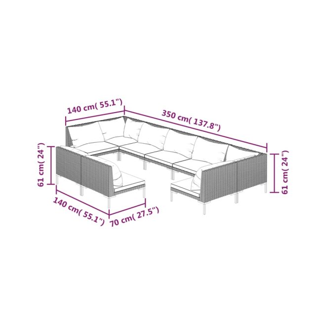 Garden Lounge Set with Cushions Poly Rattan Dark Grey – 2X Corner + 7X Middle