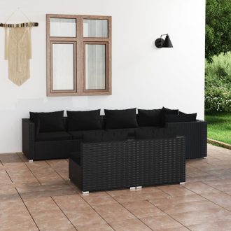 Garden Lounge Set with Cushions Black Poly Rattan