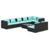 Garden Lounge Set with Cushions Black Poly Rattan – 3X Corner + 5X Middle + Table