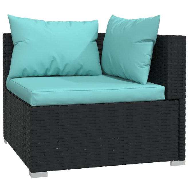 Garden Lounge Set with Cushions Black Poly Rattan – 3X Corner + 5X Middle + Table