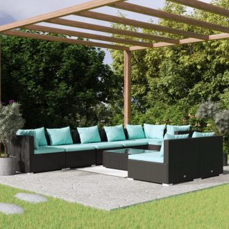 Garden Lounge Set with Cushions Black Poly Rattan