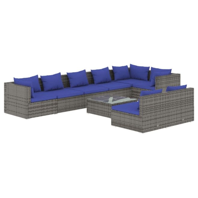 Garden Lounge Set with Cushions Grey Poly Rattan – 3X Corner + 5X Middle + Table