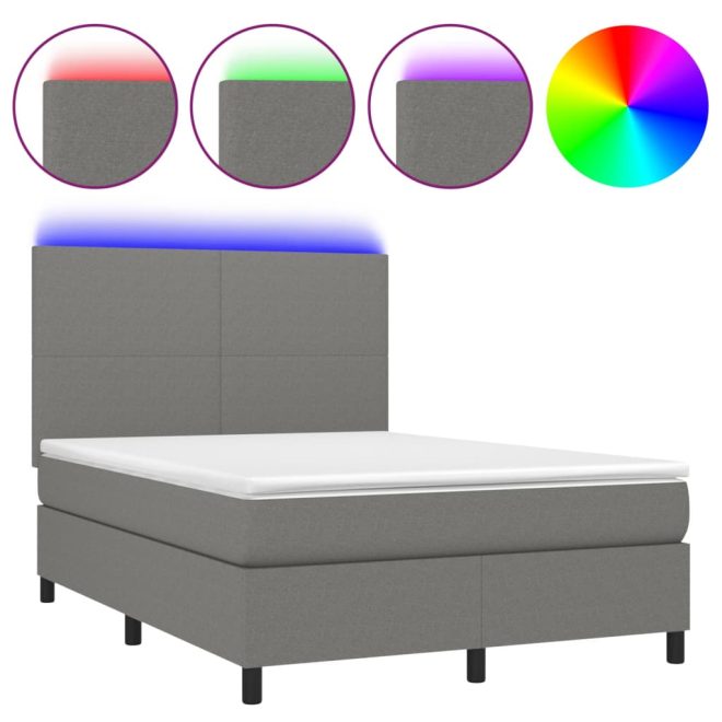 Box Spring Bed with Mattress&LED Dark Grey Fabric – DOUBLE, Plain Design