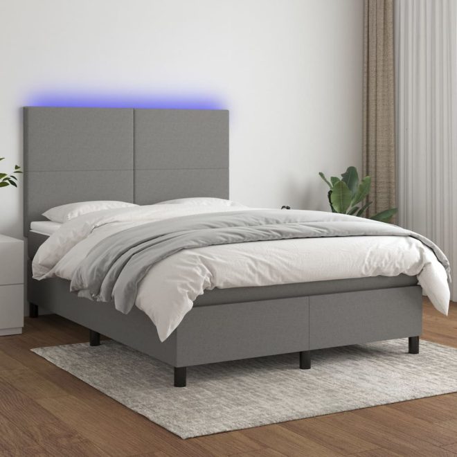 Box Spring Bed with Mattress&LED Dark Grey Fabric – DOUBLE, Plain Design